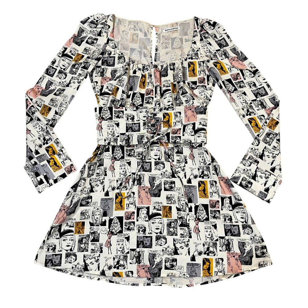 Reformation Daisie Comic Long Sleeve Mini Dress 4 Lace Up Front Square Neck Mod